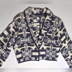 Vintage Crop Blazer Jacket Size Large Geometric Navy Blue And Cream